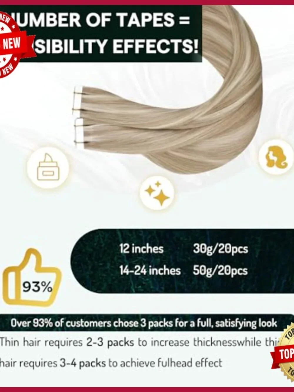 22 Inch Human Hair Tape-In Extensions, 50g 20pcs, Silky Straight